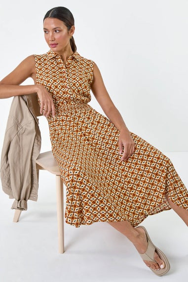 Roman Dark Orange Geometric Hanky Hem Stretch Midi Dress