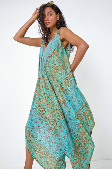 Dusk Teal Paisley Floral Pocket Slouchy Jumpsuit