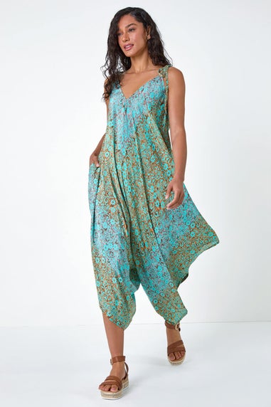 Dusk Teal Paisley Floral Pocket Slouchy Jumpsuit