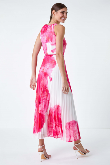 Roman Cerise Floral Pleated Halterneck Maxi Dress