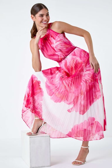 Roman Cerise Floral Pleated Halterneck Maxi Dress