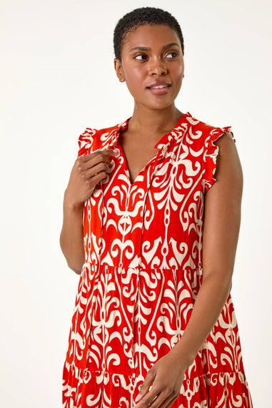 Roman Red Border Print Tie Detail Tiered Dress