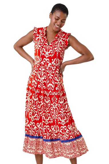 Roman Red Border Print Tie Detail Tiered Dress