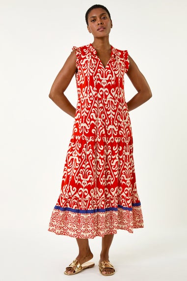 Roman Red Border Print Tie Detail Tiered Dress