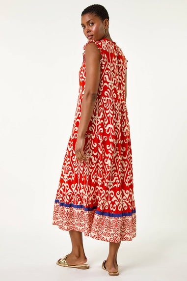 Roman Red Border Print Tie Detail Tiered Dress