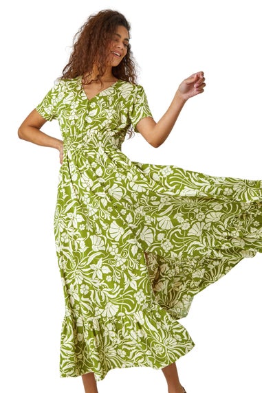 Roman Lime  Floral Print Button Detail Maxi Dress