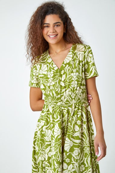 Roman Lime  Floral Print Button Detail Maxi Dress