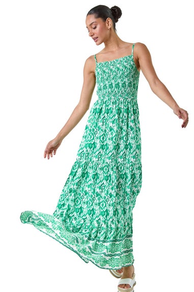 Dusk Green Aztec Border Print Shirred Maxi Dress