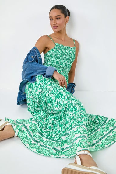 Dusk Green Aztec Border Print Shirred Maxi Dress