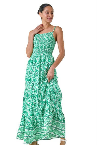 Dusk Green Aztec Border Print Shirred Maxi Dress