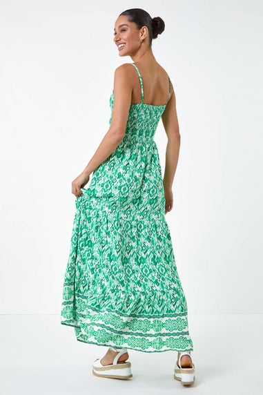 Dusk Green Aztec Border Print Shirred Maxi Dress