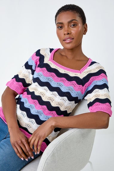 Roman Pink Wave Stripe Cotton Knit Top