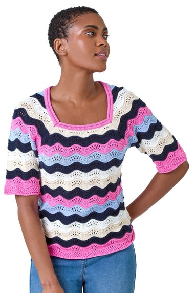 Roman Pink Wave Stripe Cotton Knit Top