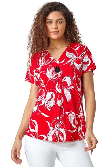 Roman Red Floral Button Detail V-Neck Stretch Top