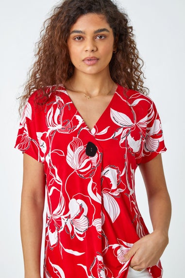 Roman Red Floral Button Detail V-Neck Stretch Top