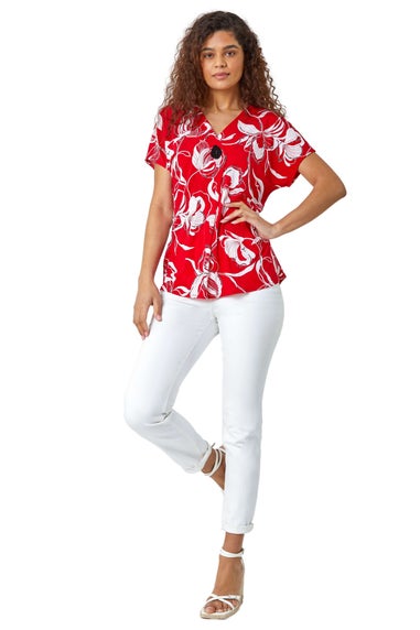 Roman Red Floral Button Detail V-Neck Stretch Top