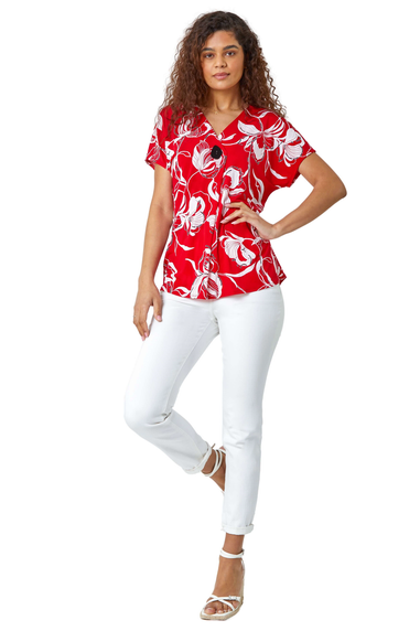 Roman Red Floral Button Detail V-Neck Stretch Top