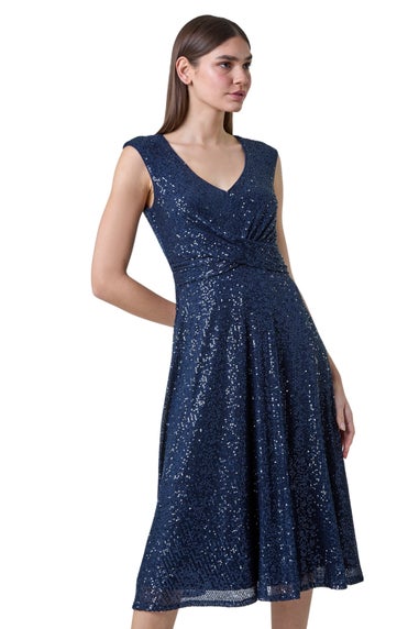 Roman Navy Sequin Wrap Detail Midi Dress