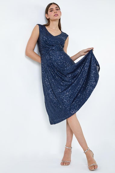 Roman Navy Sequin Wrap Detail Midi Dress