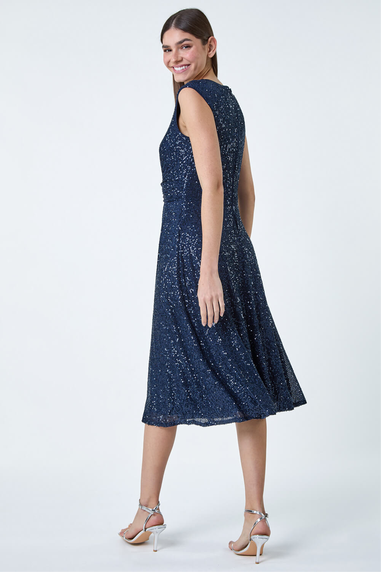 Roman Navy Sequin Wrap Detail Midi Dress