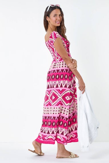 Roman Fuchsia Aztec Shirred Bardot Maxi Dress