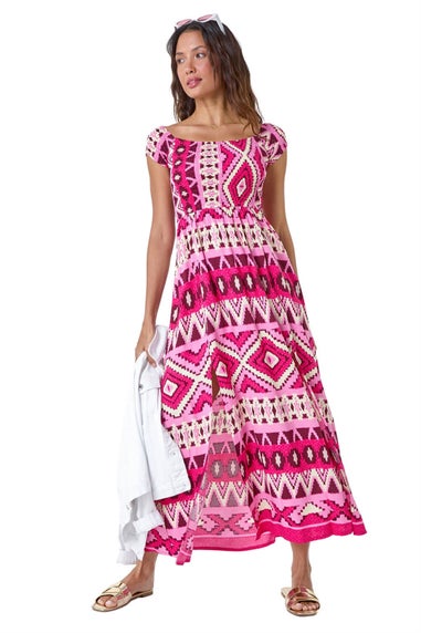 Roman Fuchsia Aztec Shirred Bardot Maxi Dress