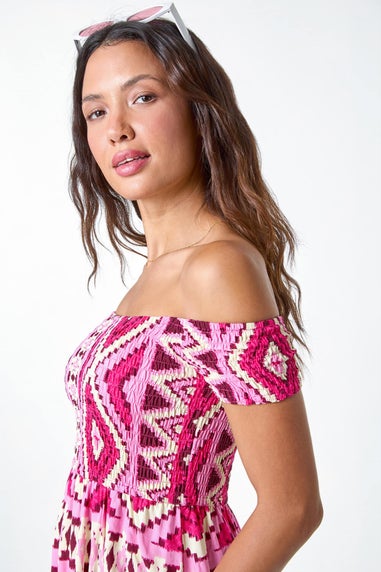 Roman Fuchsia Aztec Shirred Bardot Maxi Dress