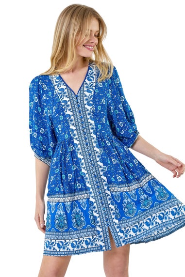 Roman Royal Blue Paisley Floral Border Print Dress