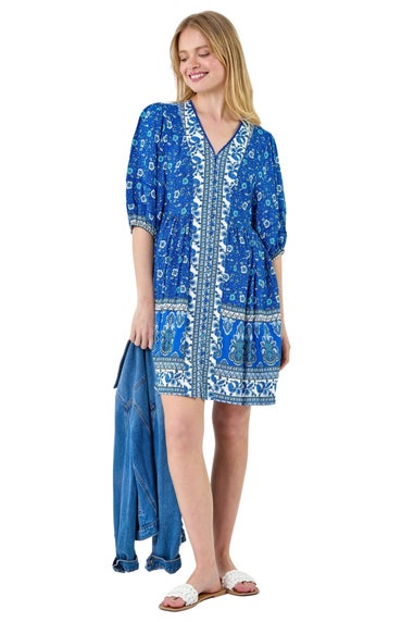 Roman Royal Blue Paisley Floral Border Print Dress