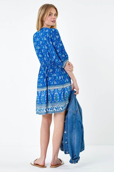 Roman Royal Blue Paisley Floral Border Print Dress