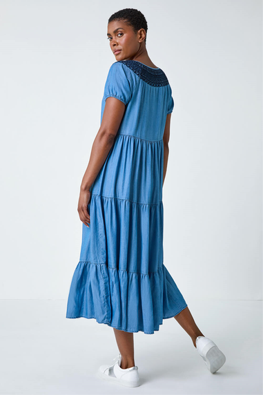 Roman Denim Denim Lace Detail Midi Smock Dress