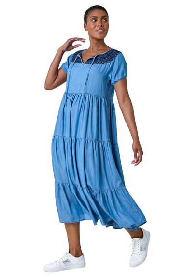 Roman Denim Denim Lace Detail Midi Smock Dress