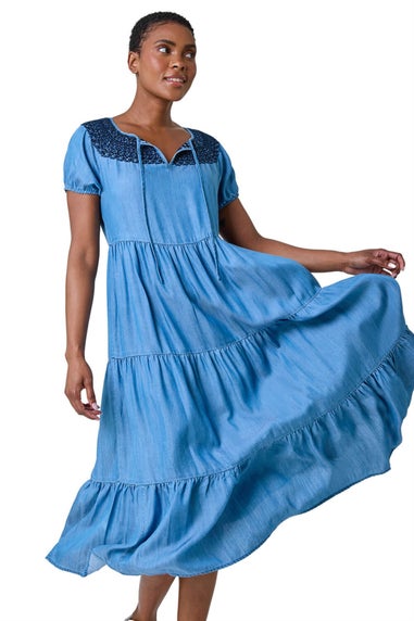 Roman Denim Denim Lace Detail Midi Smock Dress