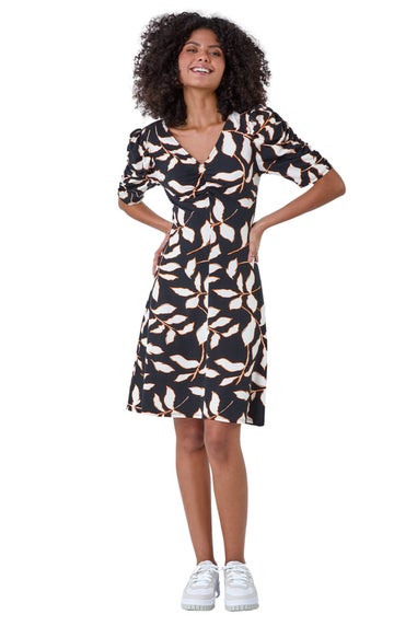 Dusk Black Ditsy Leaf Ruched Puff Sleeve Dress