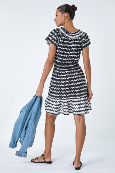 Roman Black Zig Zag Border Print Shirred Dress