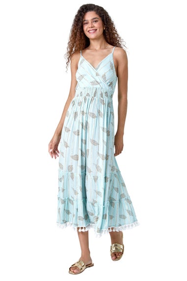 Roman Light Blue Metallic Leaf Print Shirred Maxi Dress