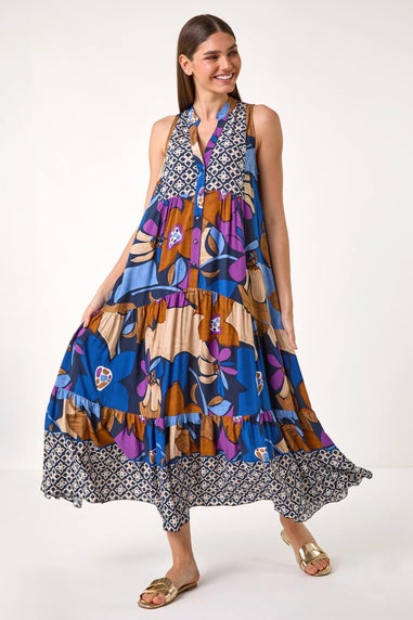 Roman Blue Boho Floral Print Smock Maxi Dress