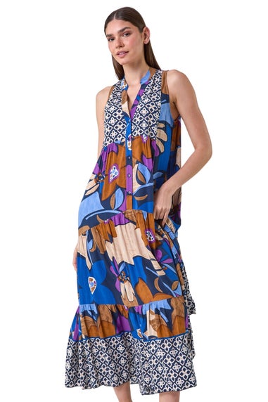 Roman Blue Boho Floral Print Smock Maxi Dress