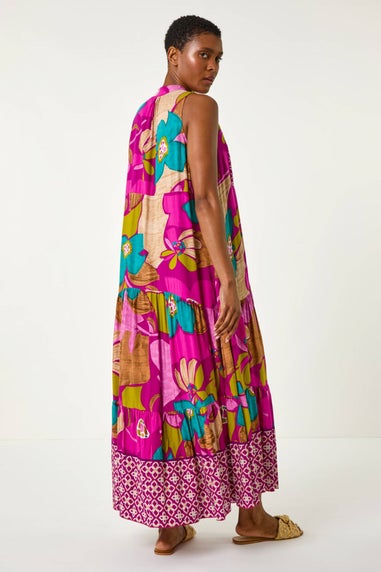 Roman Purple Boho Floral Print Smock Maxi Dress