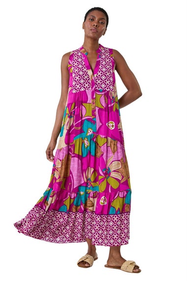 Roman Purple Boho Floral Print Smock Maxi Dress