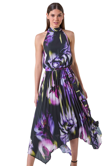 Roman Purple Floral Halter Neck Hanky Hem Midi Dress