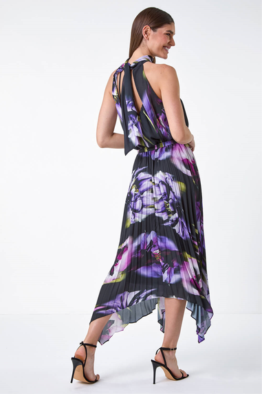 Roman Purple Floral Halter Neck Hanky Hem Midi Dress