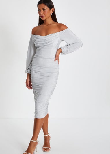 Quiz Silver Shimmer Bardot Midi Dress