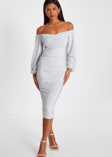 Quiz Silver Shimmer Bardot Midi Dress