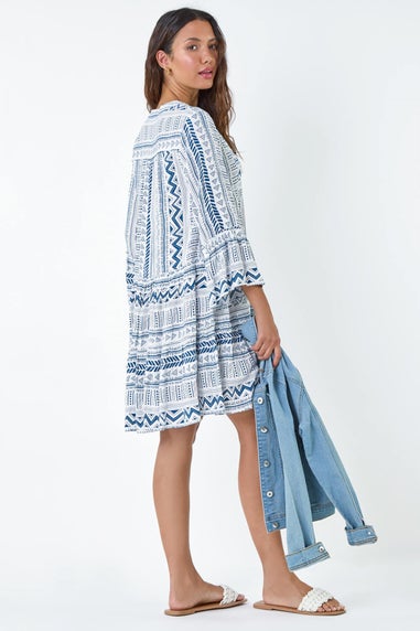 Roman Blue Aztec Print Frill Smock Dress