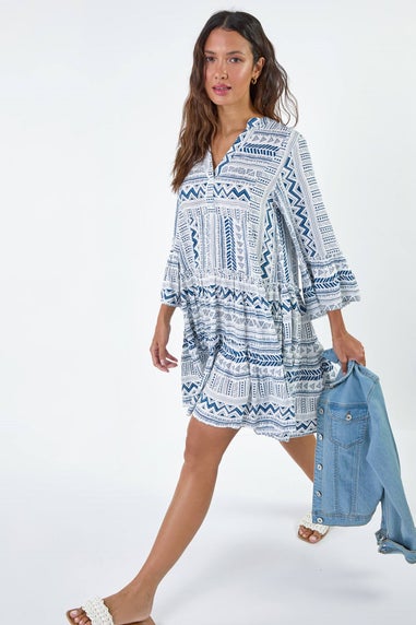 Roman Blue Aztec Print Frill Smock Dress