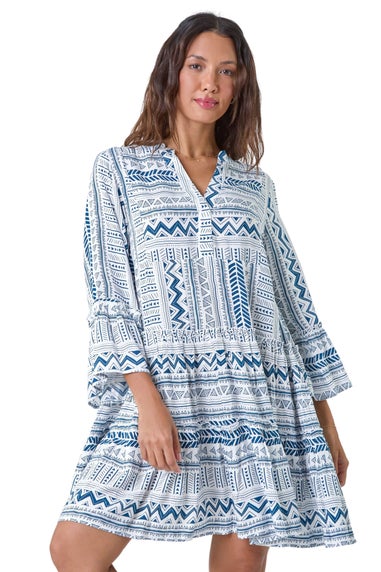 Roman Blue Aztec Print Frill Smock Dress