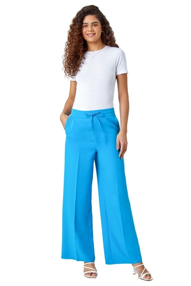 Roman Turquoise Wide Leg Elastic Waist Tie Front Trouser