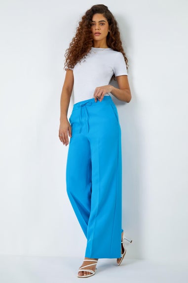 Roman Turquoise Wide Leg Elastic Waist Tie Front Trouser