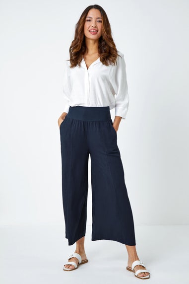 Roman Dark Denim  Linen Blend Stretch Waist Culottes